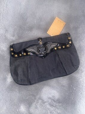 Black Studded Wing-Emblem Clutch